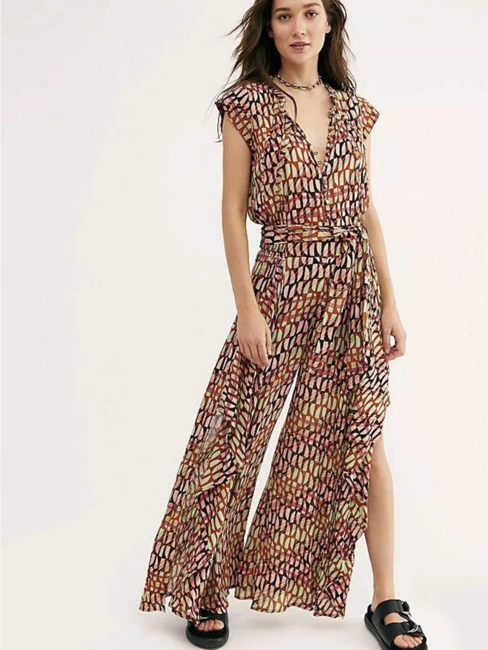 Free People Sahara Jumpsuit bold geometric print fly away pants ruffled EUC Smal - Picture 2 of 12